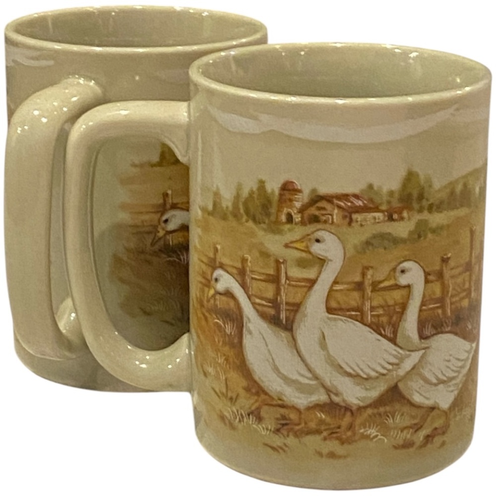 Otagiri Japan ceramic mugs. Geese on a farm. Vintage. Set of 2